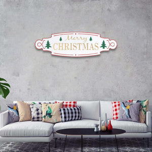 11" X 36" White Green and Red Merry Christmas Metal Wall Decor
