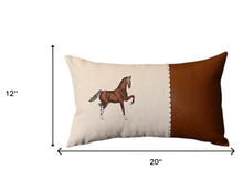 Set of Two Beige and Brown Horse Color Block Fabric and Faux Leather Lumbar Throw Pillows with Embroidery