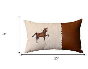 Set of Two Beige and Brown Horse Color Block Fabric and Faux Leather Lumbar Throw Pillows with Embroidery