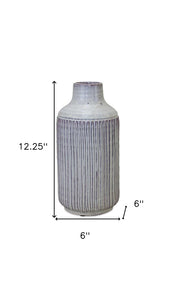12" White and Brown Ribbed Cylinder Terracotta Table Vase