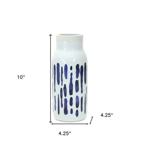 Set of Two Blue and White Abstract Cylinder Ceramic Table Vase