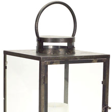 Set of Three Gray And Brown Distressed Geometric Glass Metal And Wood Floor Lantern Candle Holders