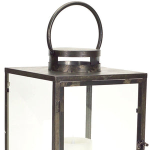 Set of Three Gray And Brown Distressed Geometric Glass Metal And Wood Floor Lantern Candle Holders