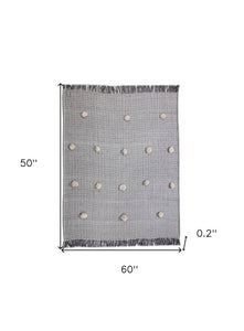 50" X 60" Gray Woven Cotton Houndstooth Throw Blanket with Pom Poms