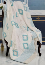50" X 60" Aqua And Off White Cotton Woven Geometric Throw Blanket with Fringe