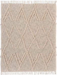 60" X 50" Beige Woven Cotton Geometric Throw Blanket with Fringe