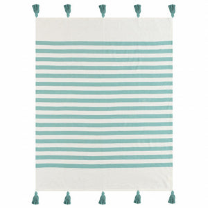50" X 60" Blue and White Woven Cotton Striped Throw Blanket with Tassels