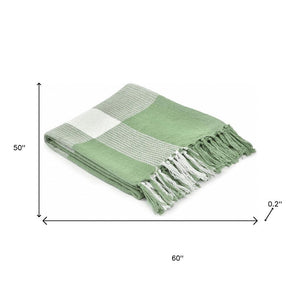 50" X 60" Blue and White Woven Cotton Checkered Throw Blanket with Fringe
