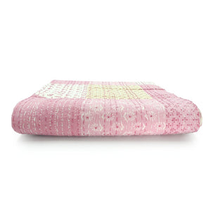 50" X 70" Green Patchwork Silk Quilted Kantha Throw Blanket with Embroidery