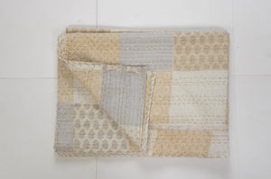 50" X 70" Green Patchwork Silk Quilted Kantha Throw Blanket with Embroidery
