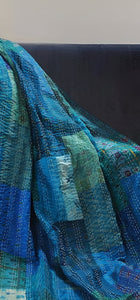 50" X 70" Green Patchwork Silk Quilted Kantha Throw Blanket with Embroidery