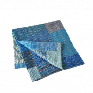 50" X 70" Green Patchwork Silk Quilted Kantha Throw Blanket with Embroidery