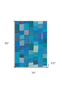 50" X 70" Green Patchwork Silk Quilted Kantha Throw Blanket with Embroidery