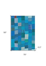 50" X 70" Green Patchwork Silk Quilted Kantha Throw Blanket with Embroidery
