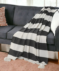 50" X 60" Gray and White Woven Cotton Striped Throw Blanket with Tassels