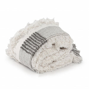 60" X 50" Gray and White Woven Cotton Checkered Throw Blanket with Fringe