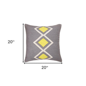 20" X 20" Gray White And Yellow 100% Cotton Geometric Zippered Pillow