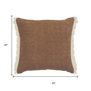 20" Gray And Ivory Cotton Color Block Throw Pillow with Fringe