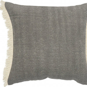 20" Gray And Ivory Cotton Color Block Throw Pillow with Fringe