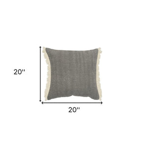 20" Gray And Ivory Cotton Color Block Throw Pillow with Fringe