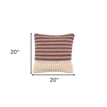 20" Maroon And Tan Cotton Striped Throw Pillow with Fringe