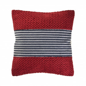 20" Blue And Red Cotton Striped Throw Pillow