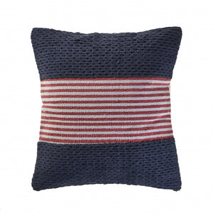 20" Blue And Red Cotton Striped Throw Pillow