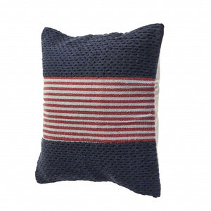 20" Blue And Red Cotton Striped Throw Pillow