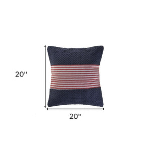 20" Blue And Red Cotton Striped Throw Pillow