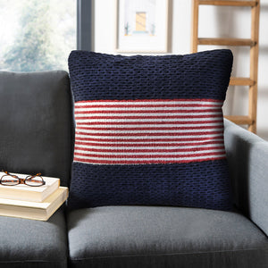20" Blue And Red Cotton Striped Throw Pillow