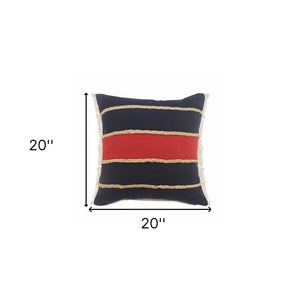 20" X 20" Navy Red And Tan 100% Cotton Striped Zippered Pillow