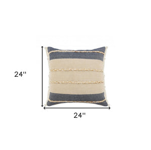 20" X 20" Denim Blue Tan And Taupe Jute Coastal Zippered Pillow