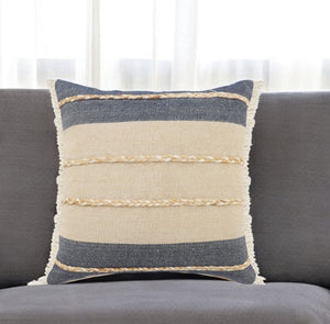 20" X 20" Denim Blue Tan And Taupe Jute Coastal Zippered Pillow