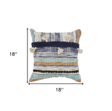18" Blue and Beige Throw Pillow with Tassels