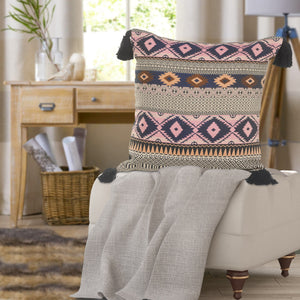 18" X 18" Blue Gray And Beige 100% Cotton Geometric Zippered Pillow