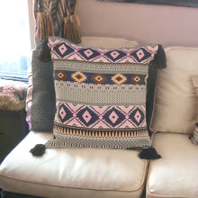 18" X 18" Blue Gray And Beige 100% Cotton Geometric Zippered Pillow