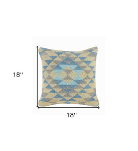 18" X 18" Blue Gray And Beige 100% Cotton Geometric Zippered Pillow