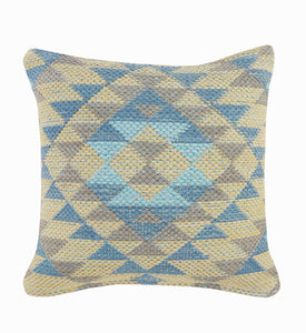 18" X 18" Blue Gray And Beige 100% Cotton Geometric Zippered Pillow