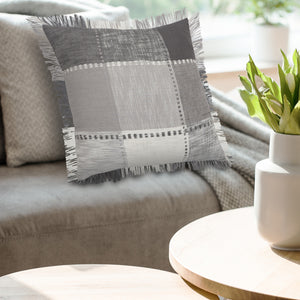 20" Gray And White Cotton Plaid Throw Pillow with Fringe