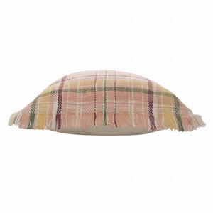 20" Pink And Yellow Cotton Plaid Throw Pillow with Fringe
