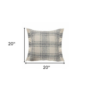 20" X 20" White And Gray-Blue Polyester Plaid Zippered Pillow