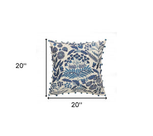 20" Navy Blue And Off White Cotton Floral Throw Pillow