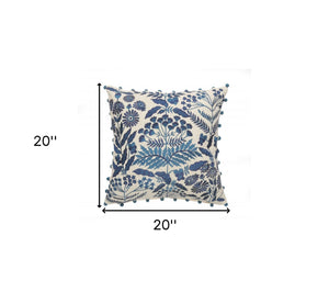 20" Navy Blue And Off White Cotton Floral Throw Pillow