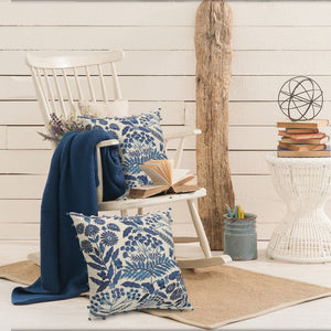20" Navy Blue And Off White Cotton Floral Throw Pillow