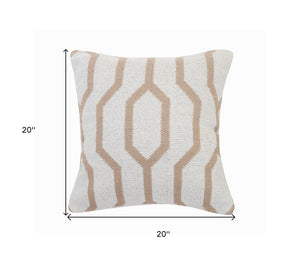 20" X 20" White And Tan 100% Cotton Geometric Zippered Pillow