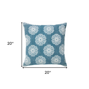 20" X 20" Dark Blue And White 100% Cotton Floral Zippered Pillow