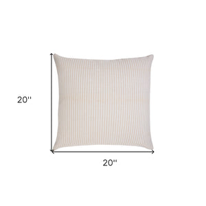 20" X 20" Beige And White 100% Cotton Striped Zippered Pillow