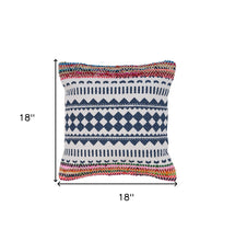 18" X 18" Blue White Red And Yellow 100% Cotton Striped Zippered Pillow