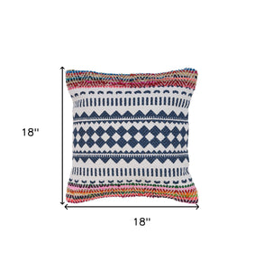 18" X 18" Blue White Red And Yellow 100% Cotton Striped Zippered Pillow