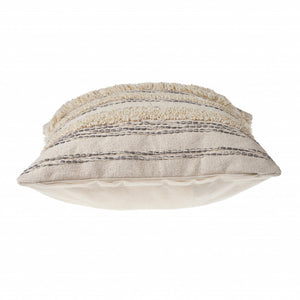 14" X 36" Cream Gray And Tan Cotton Striped Throw Pillow
